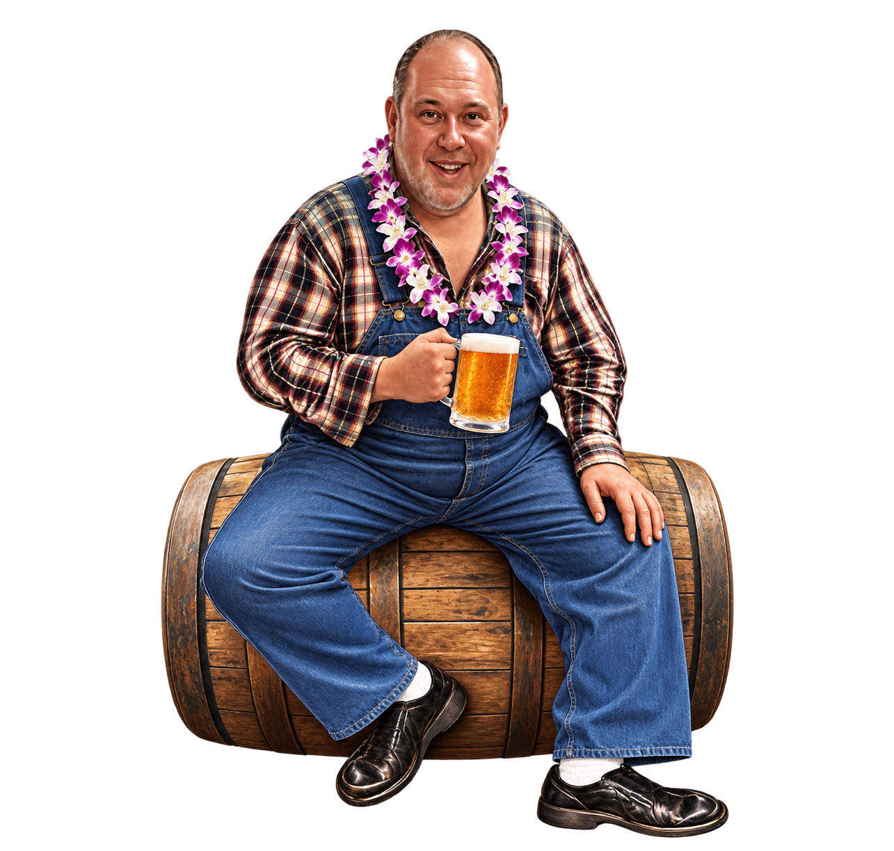 Realistically illustrated Pinky wearing a white and purple orchid lei, plaid shirt and denim overalls, seated on a wooden barrel with a mug of beer.