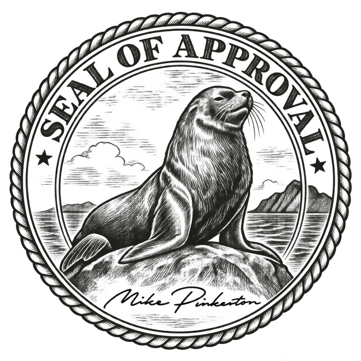 Round Seal of Approval with Mike Pinkerton’s signature.
